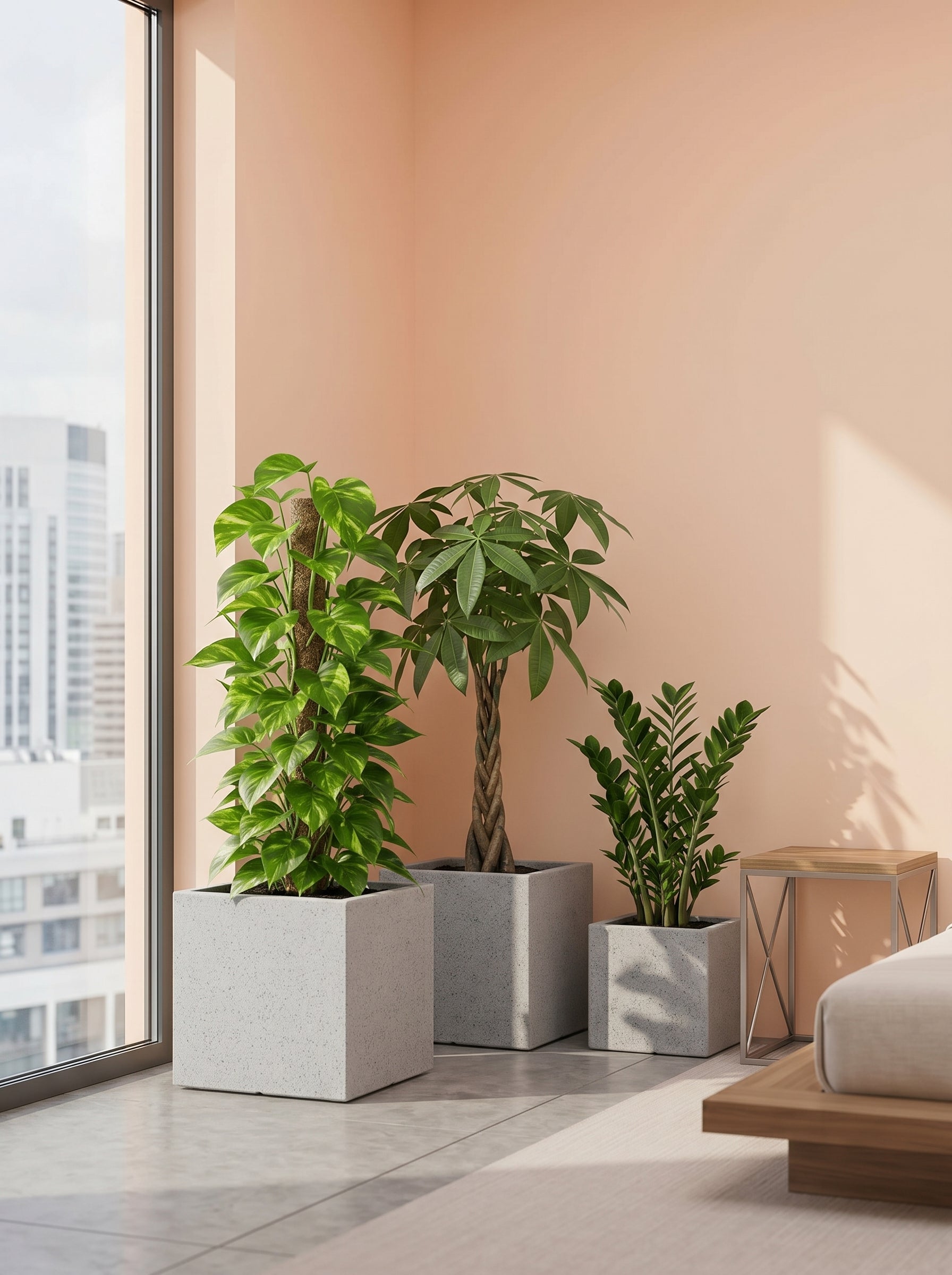 Three potted plants in a modern interior setting with a cityscape view.