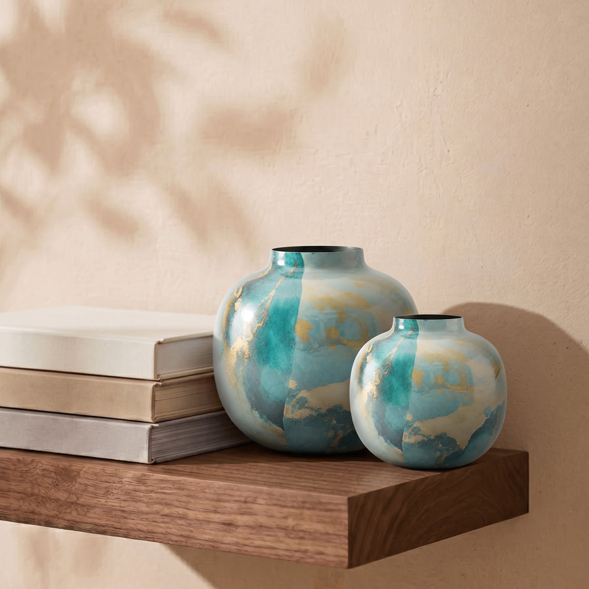 Bella Marble Print Metal Pot in Sky Blue, all sizes shown together