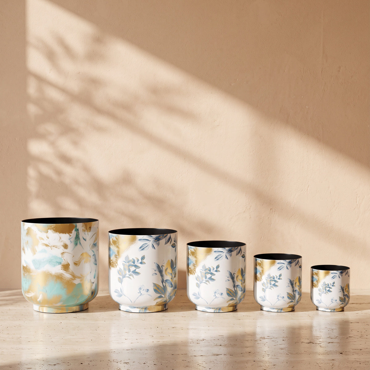 Botanica Printed Metal Pot in Light Blue, all sizes shown together