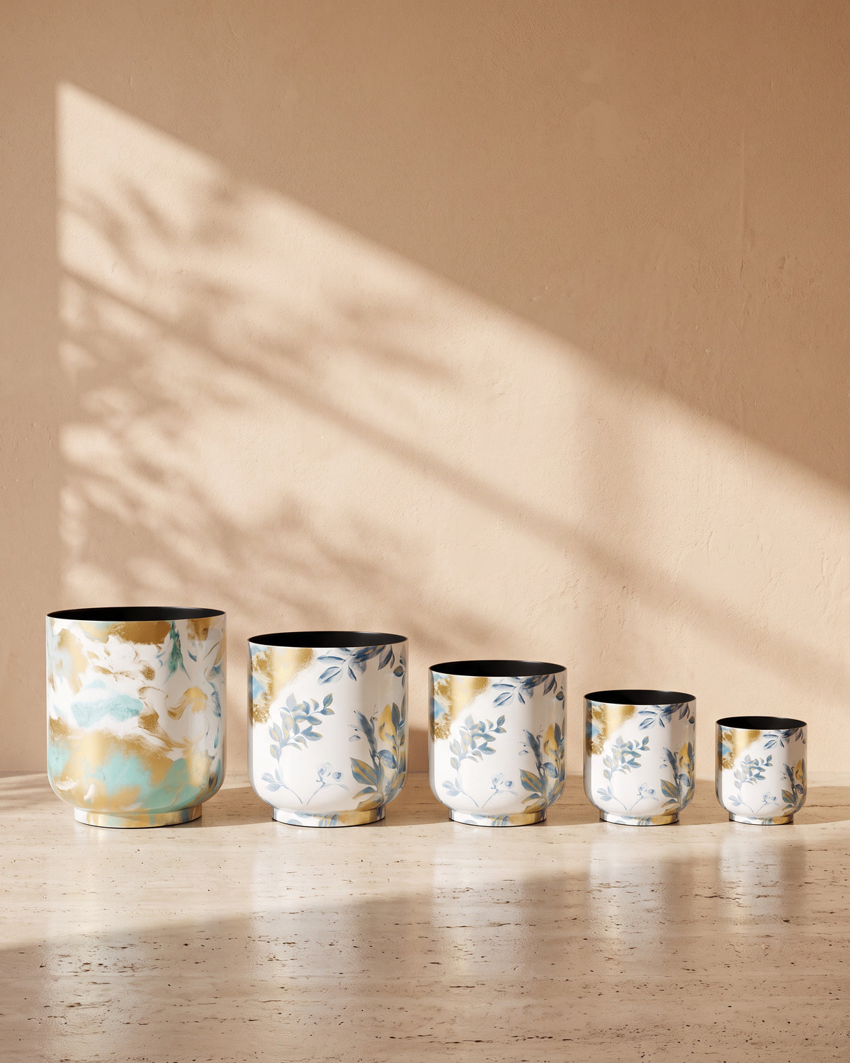 Botanica Printed Metal Pot in Light Blue, all sizes shown together