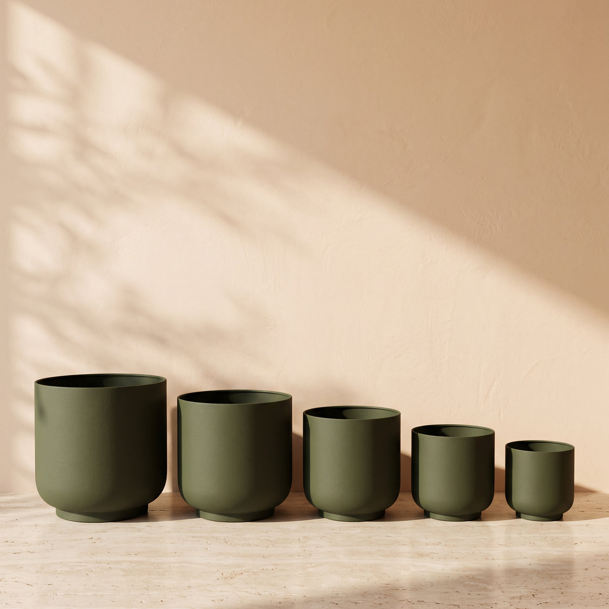 Classic Leather Texture Metal Pot in Dark Green, all sizes shown together