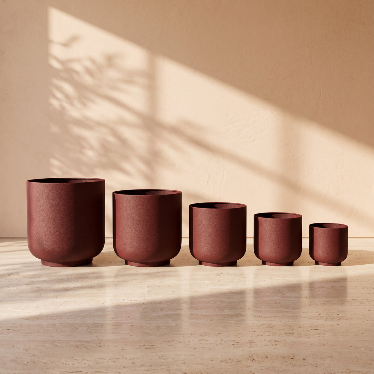 Classic Leather Texture Metal Pot in Maroon, all sizes shown together