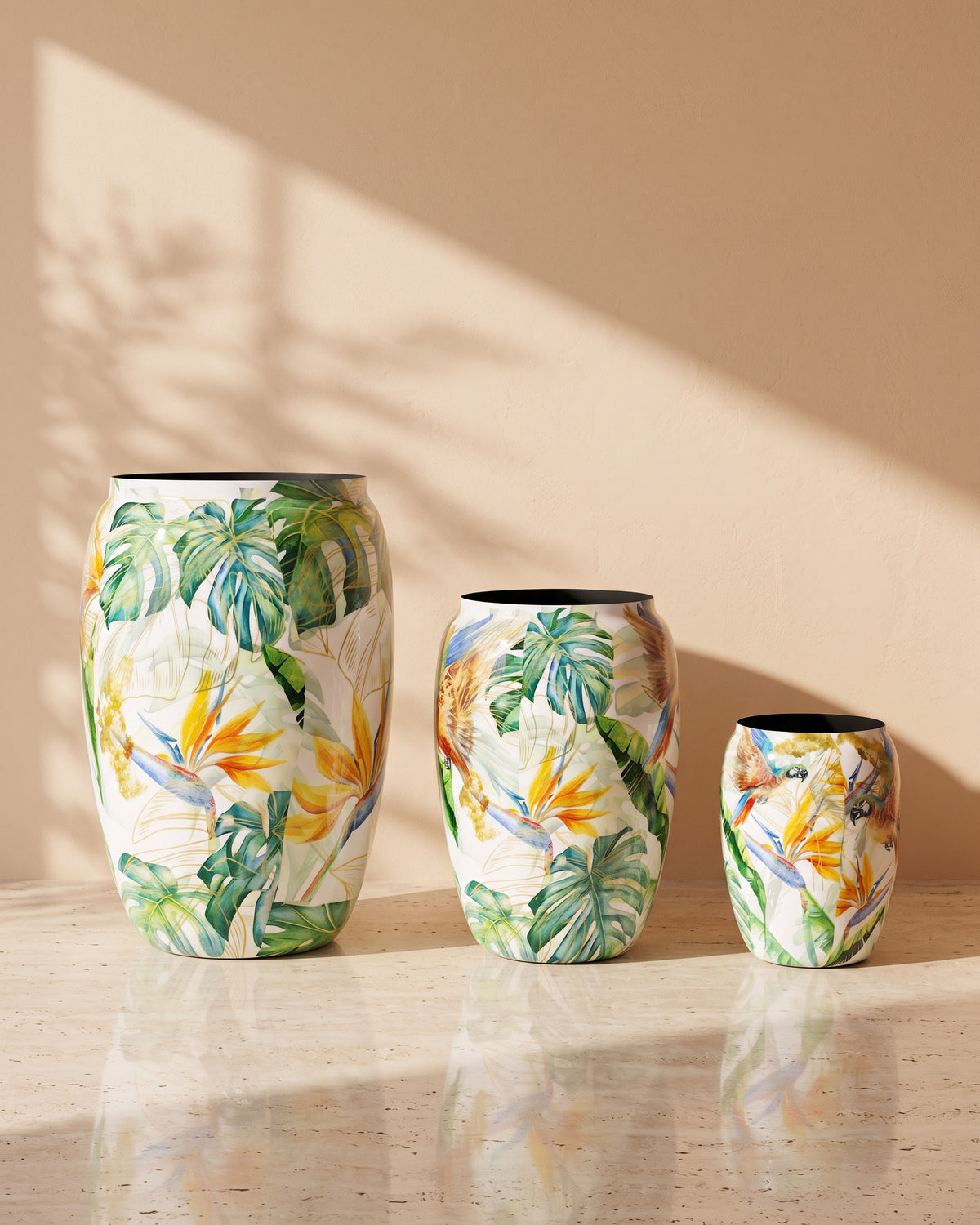 Flora Tropical Printed Metal Pot, all sizes shown together
