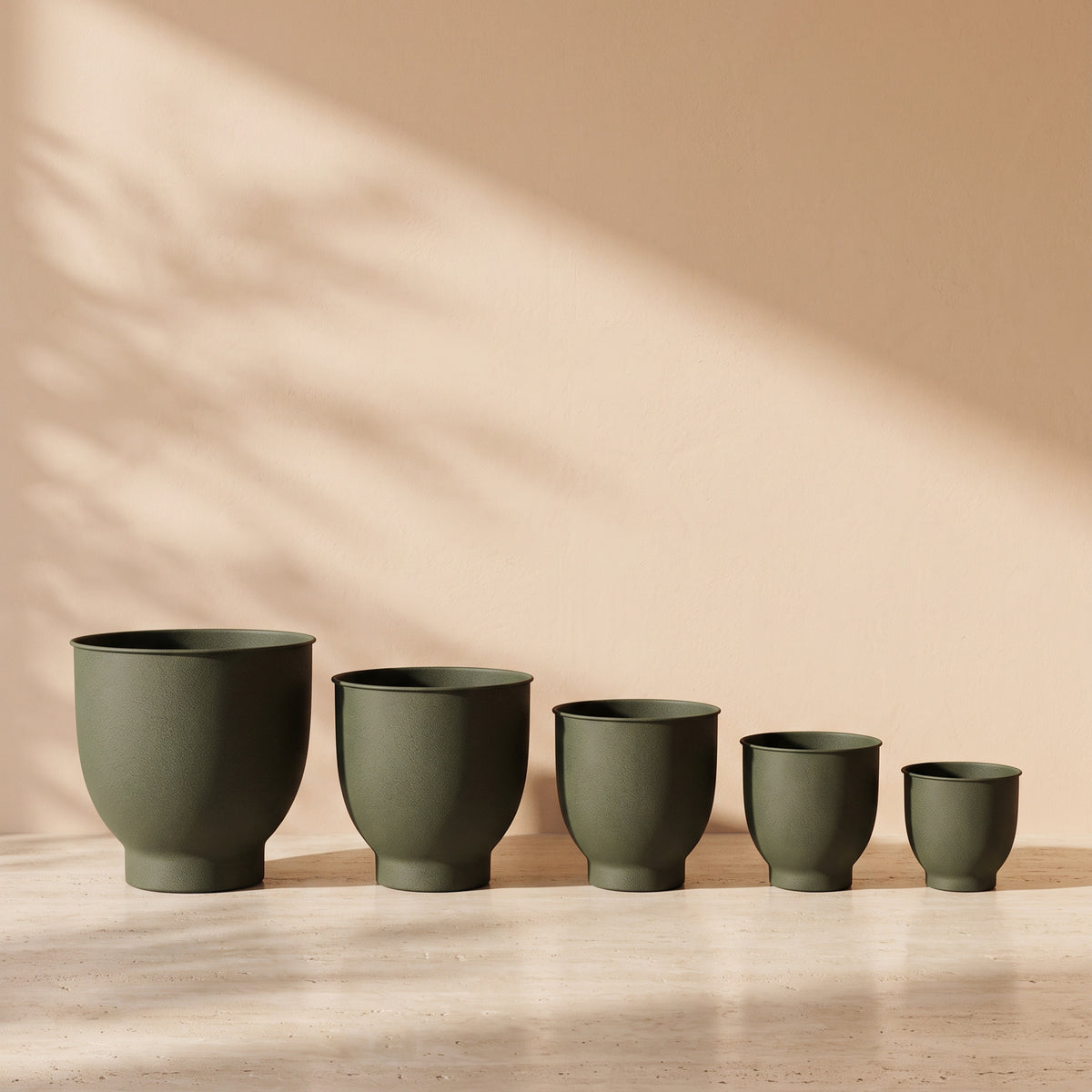 Leather Pedestal Metal Pot in Dark Green, all sizes shown together