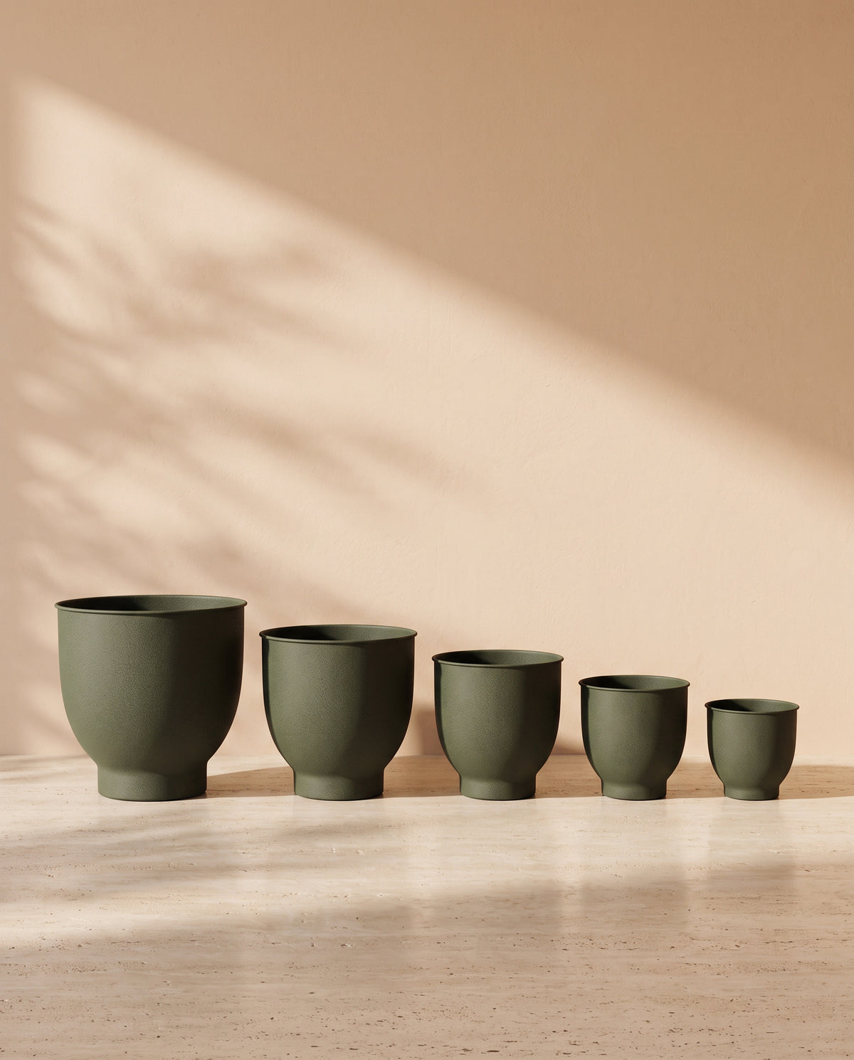 Leather Pedestal Metal Pot in Dark Green, all sizes shown together