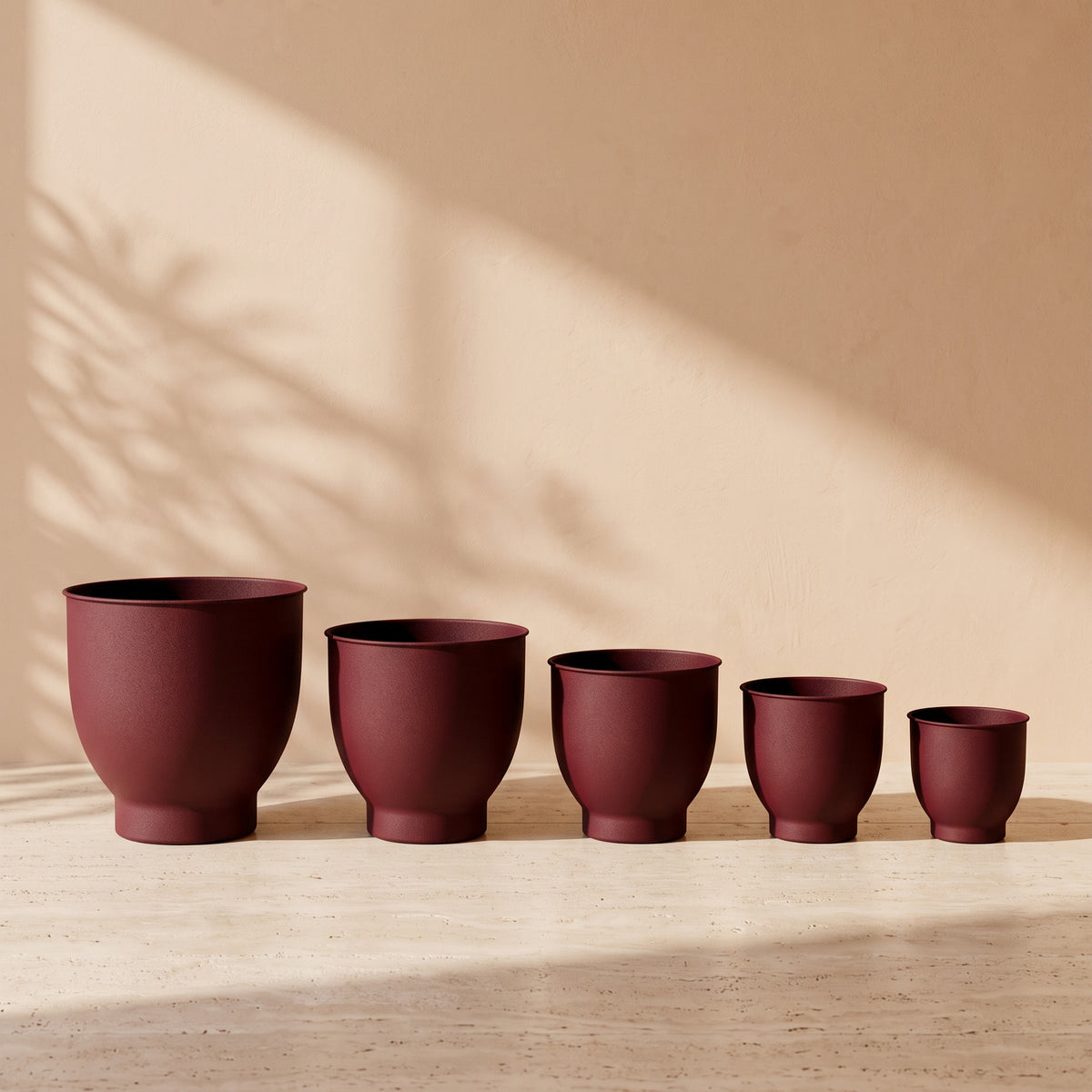 Leather Pedestal Metal Pot in Maroon, all sizes shown together