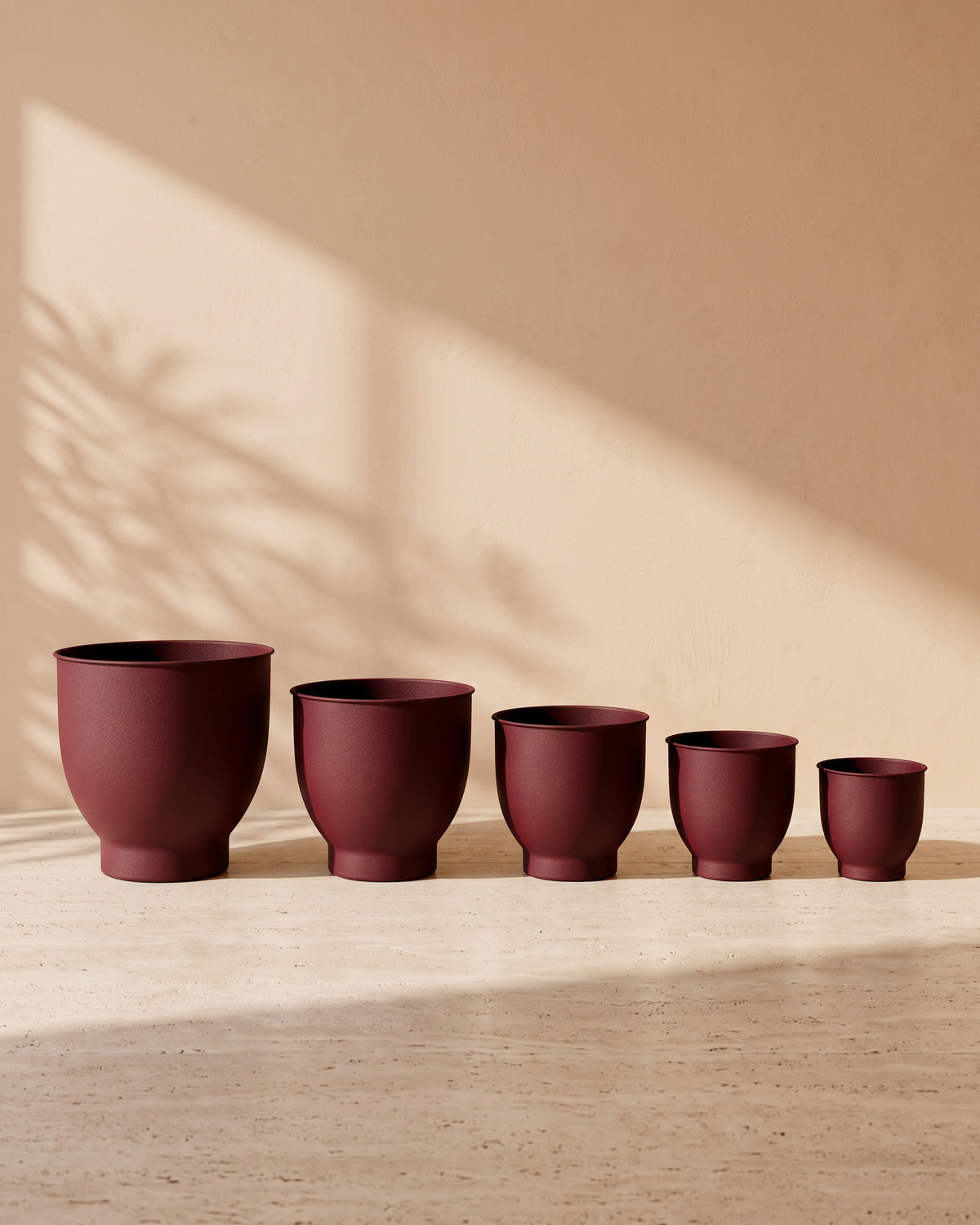 Leather Pedestal Metal Pot in Maroon, all sizes shown together