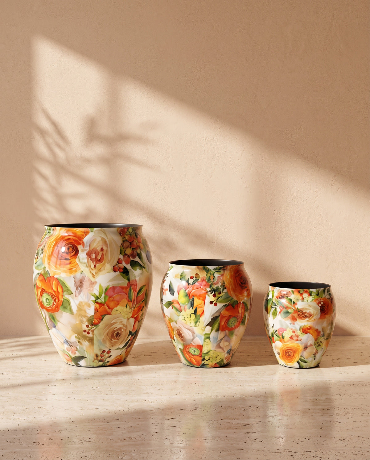 Orange Rose Flora Printed Metal Pot, all sizes shown together