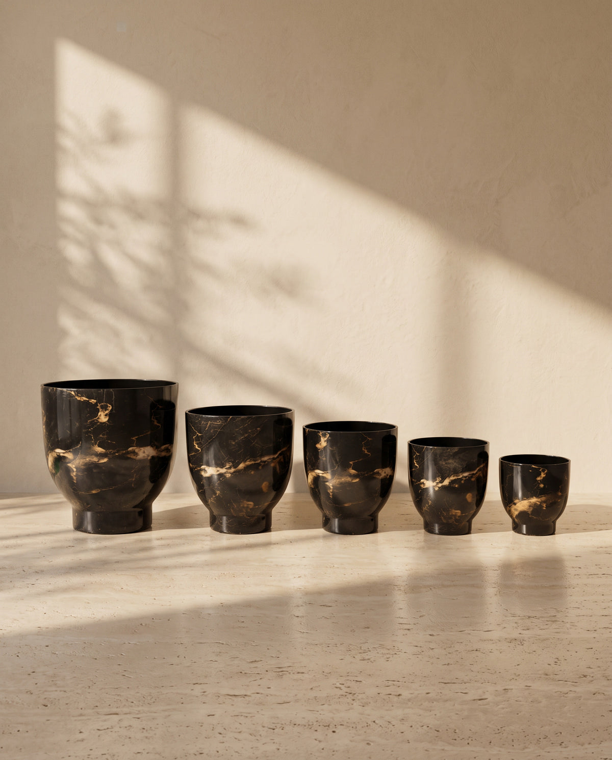 Pedestal Black Printed Metal Pot, all sizes shown together