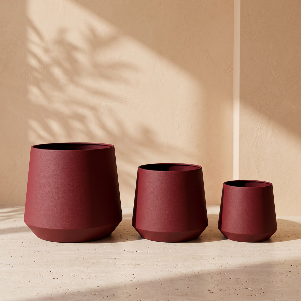 Royal Leather Texture Metal Pot in Maroon, all sizes shown together