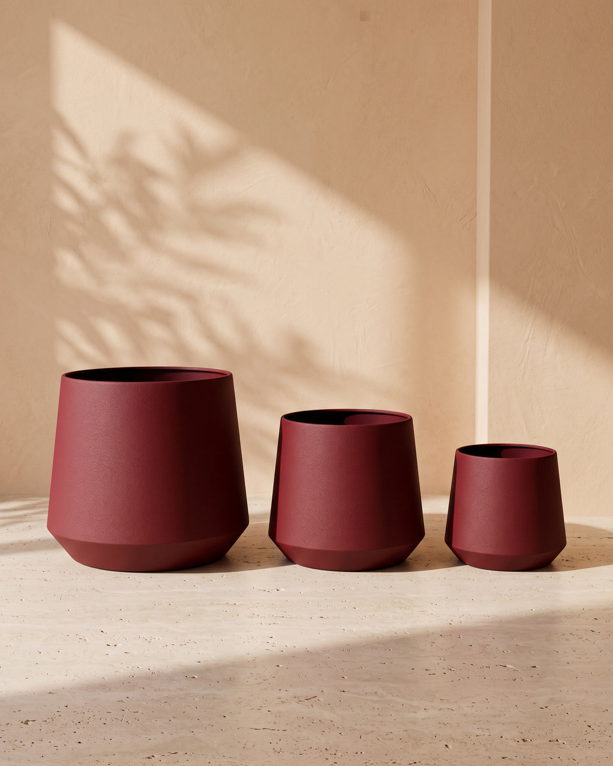 Royal Leather Texture Metal Pot in Maroon, all sizes shown together