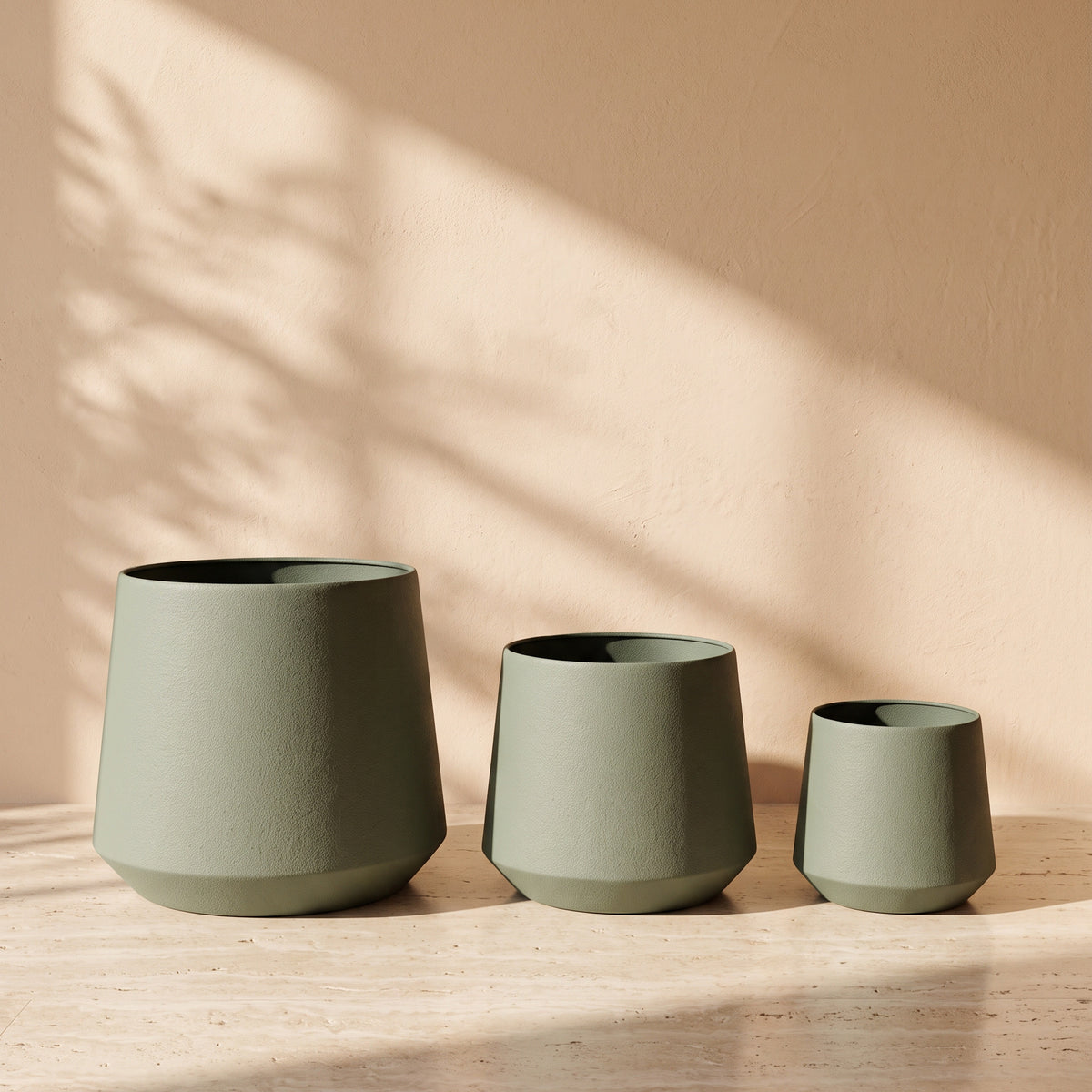 Royal Leather Texture Metal Pot in Sage Green, all sizes shown together