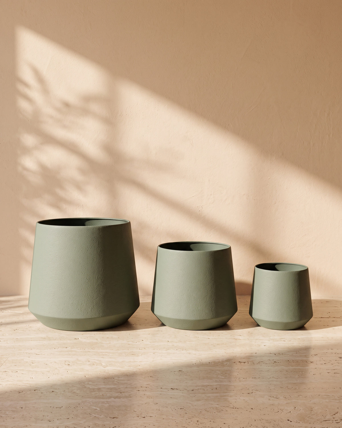Royal Leather Texture Metal Pot in Sage Green, all sizes shown together