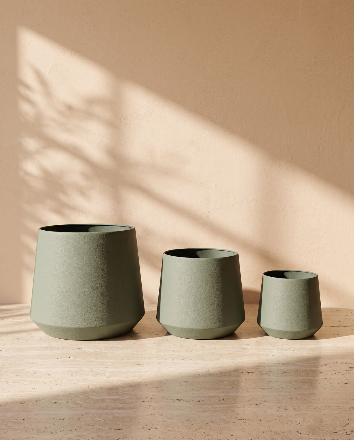 Royal Leather Texture Metal Pot in Sage Green, all sizes shown together