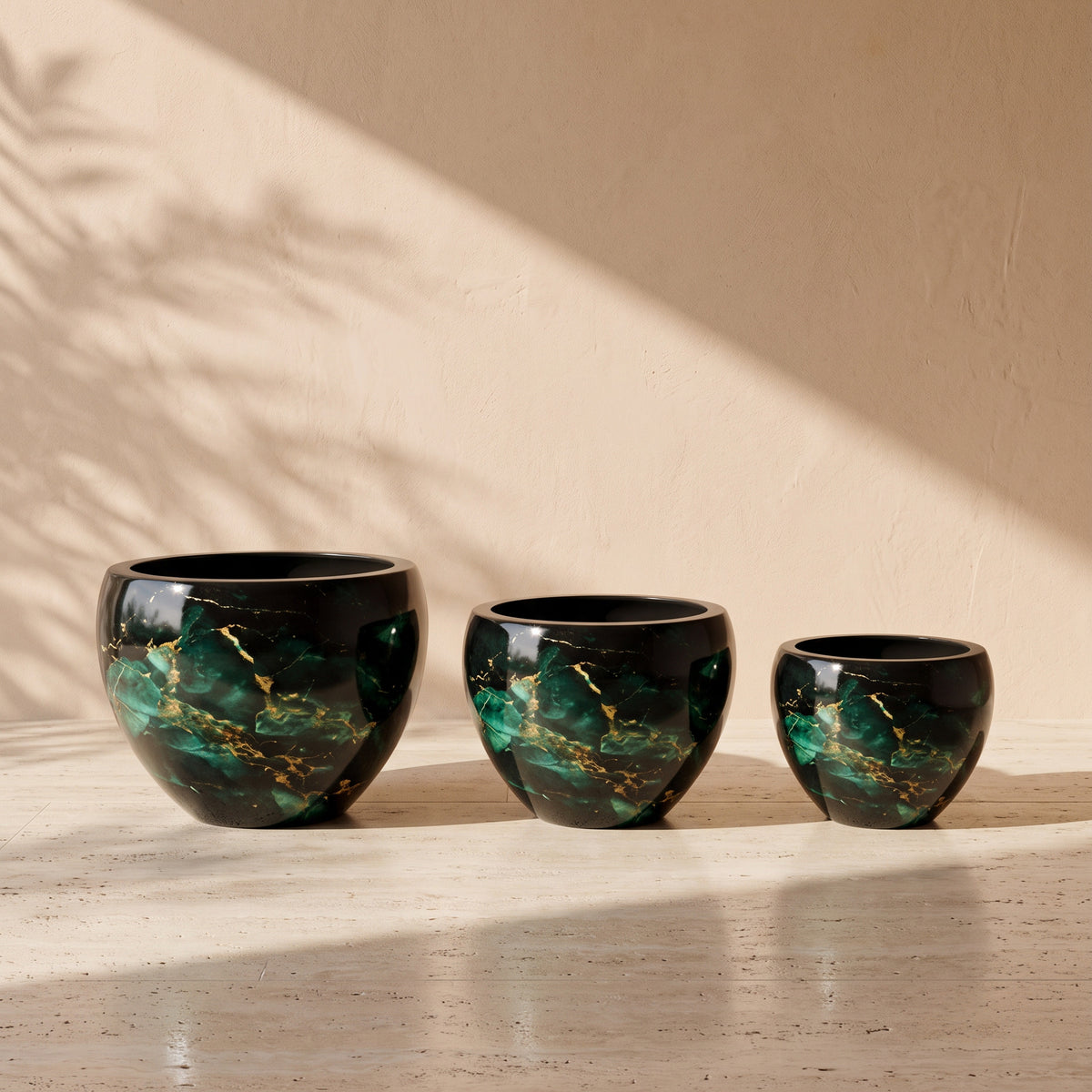 Sphere Marble Print Metal Pot in Dark Green, all sizes shown together