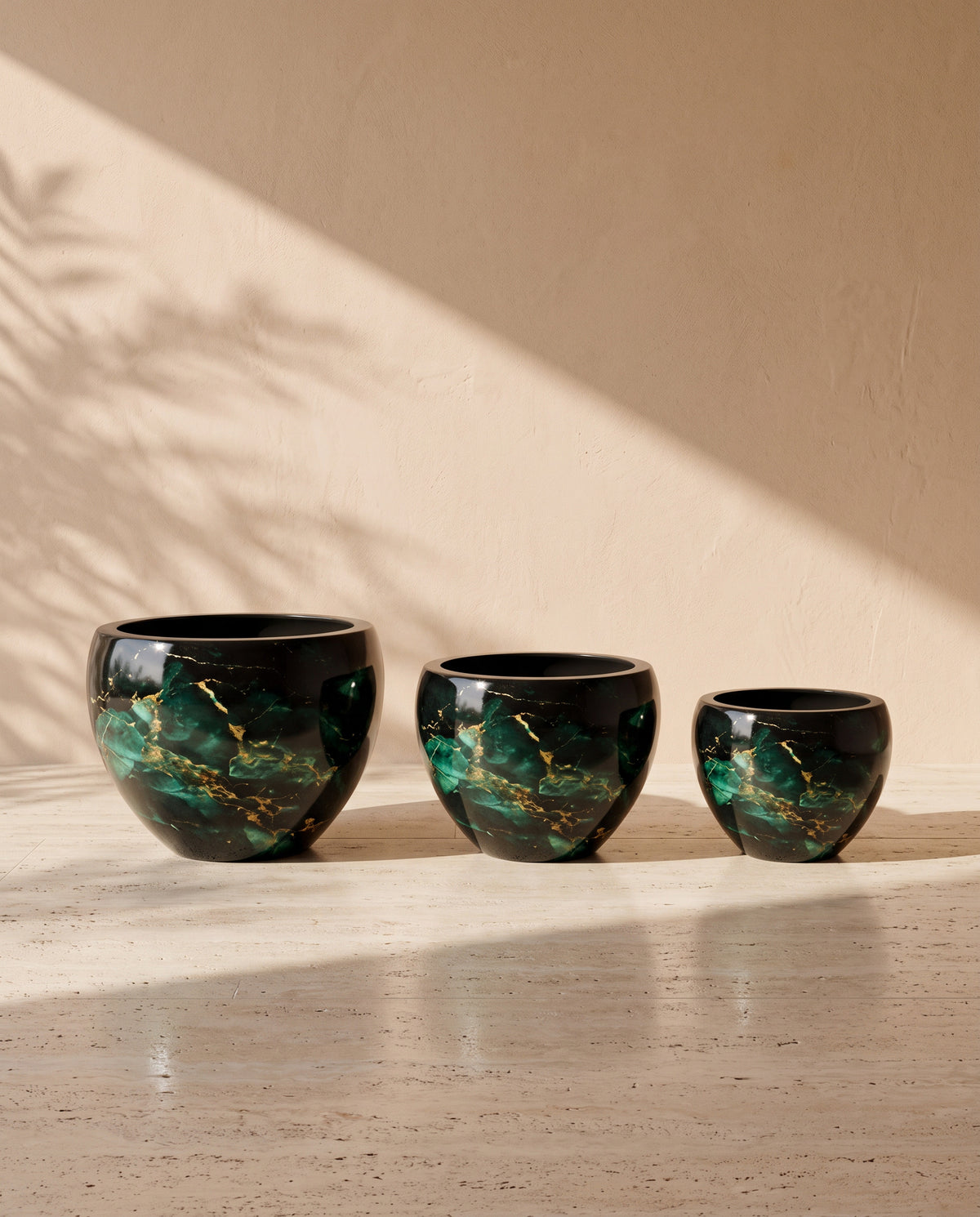 Sphere Marble Print Metal Pot in Dark Green, all sizes shown together