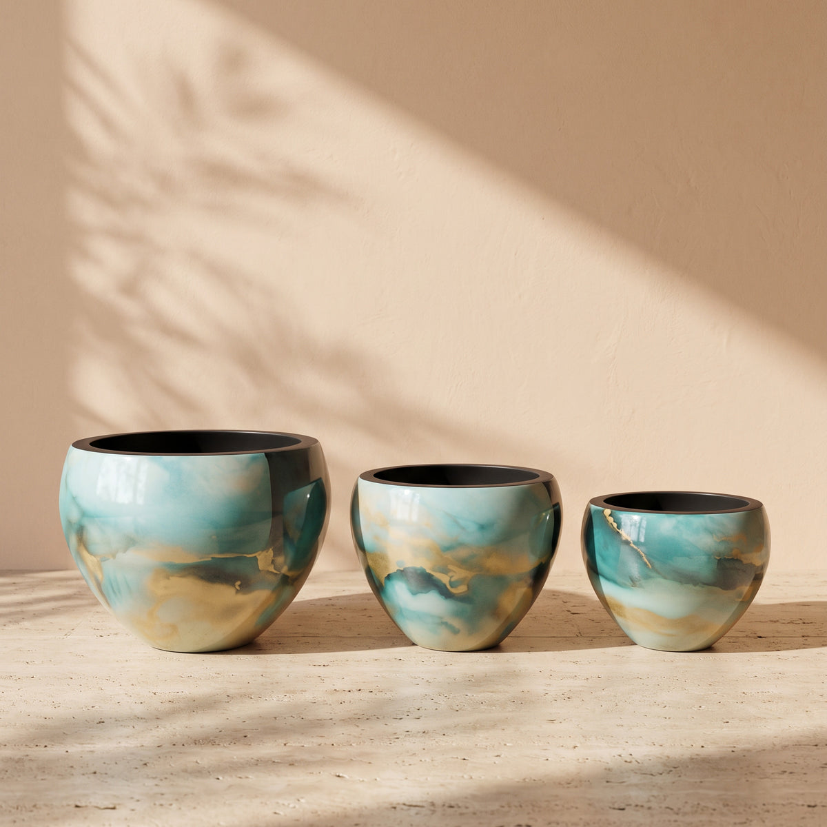 Sphere Marble Print Metal Pot in Sky Blue, all sizes shown together