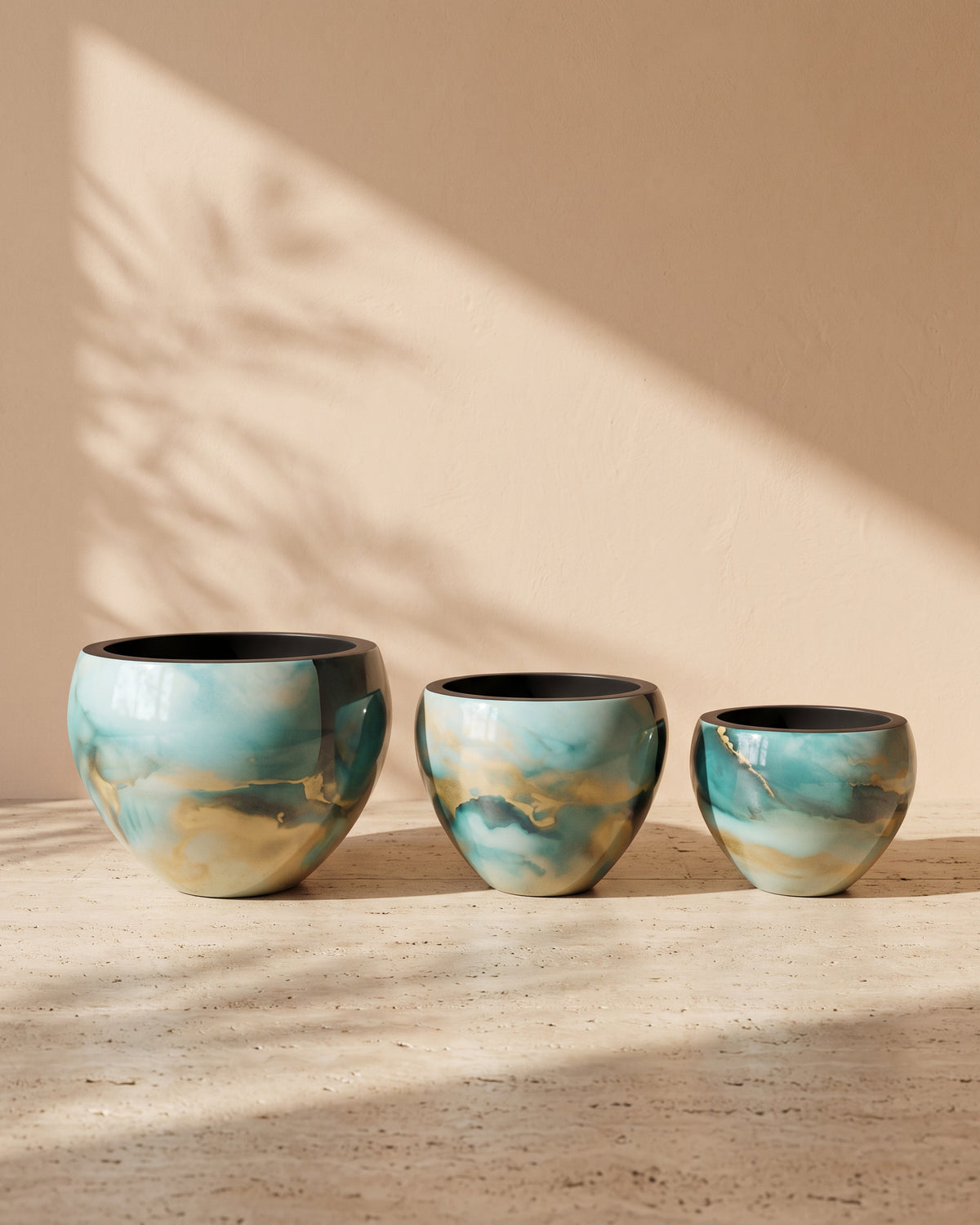 Sphere Marble Print Metal Pot in Sky Blue, all sizes shown together