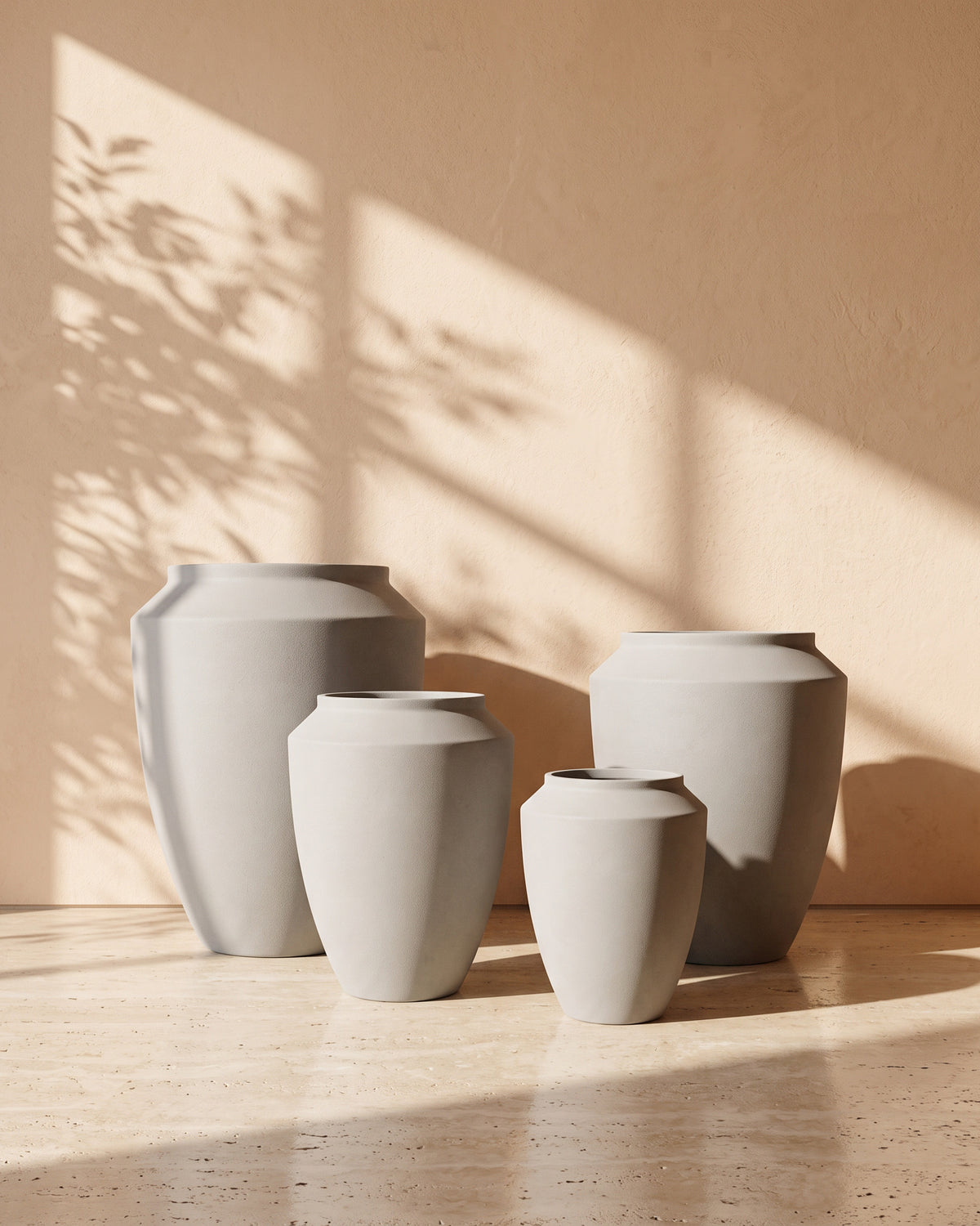 Urban Stone Texture Metal Pot in Concrete, all sizes shown together