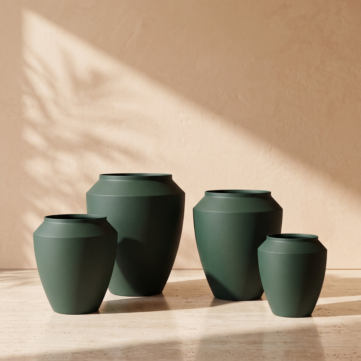 Urban Stone Texture Metal Pot in Dark Green, all sizes shown together