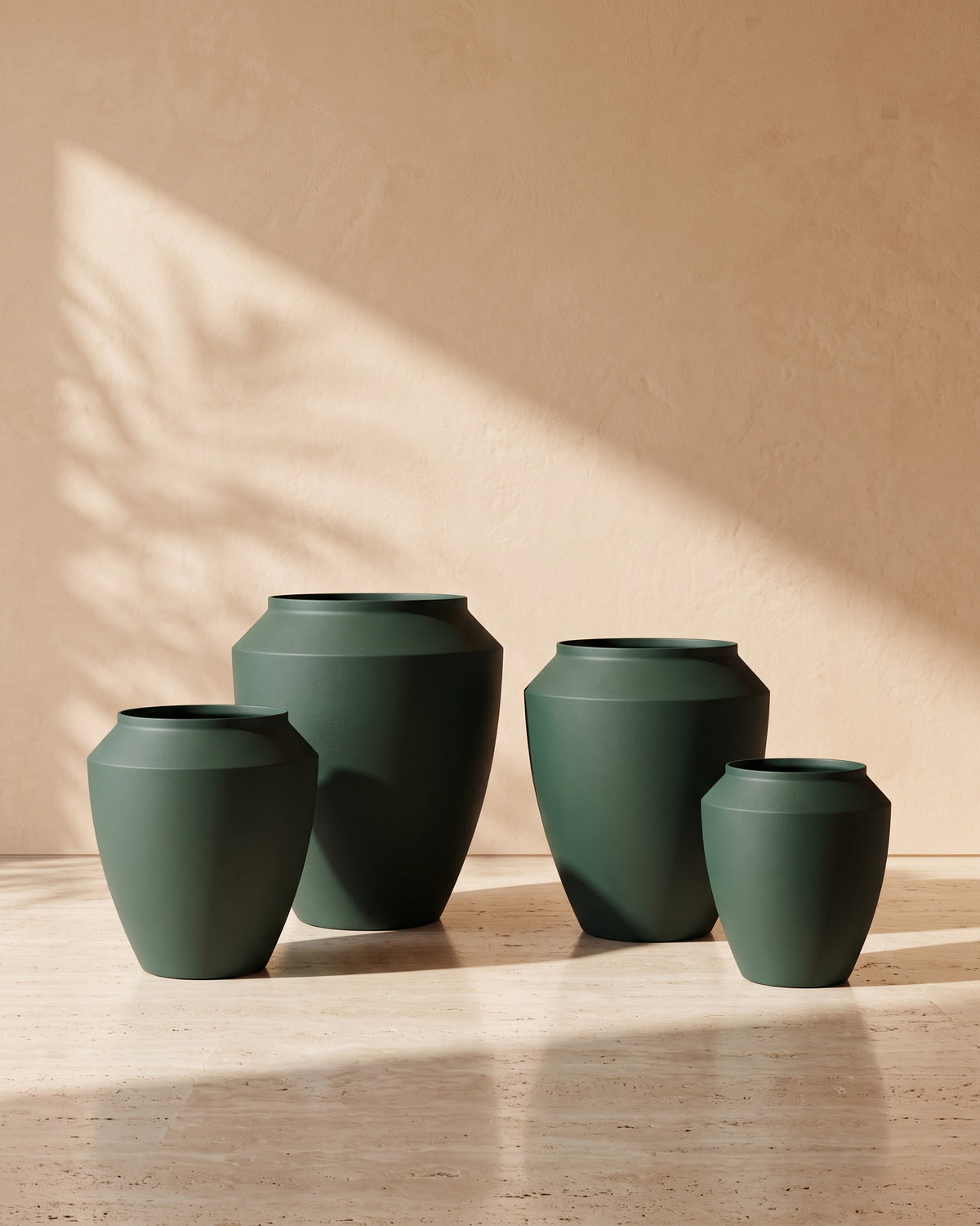 Urban Stone Texture Metal Pot in Dark Green, all sizes shown together