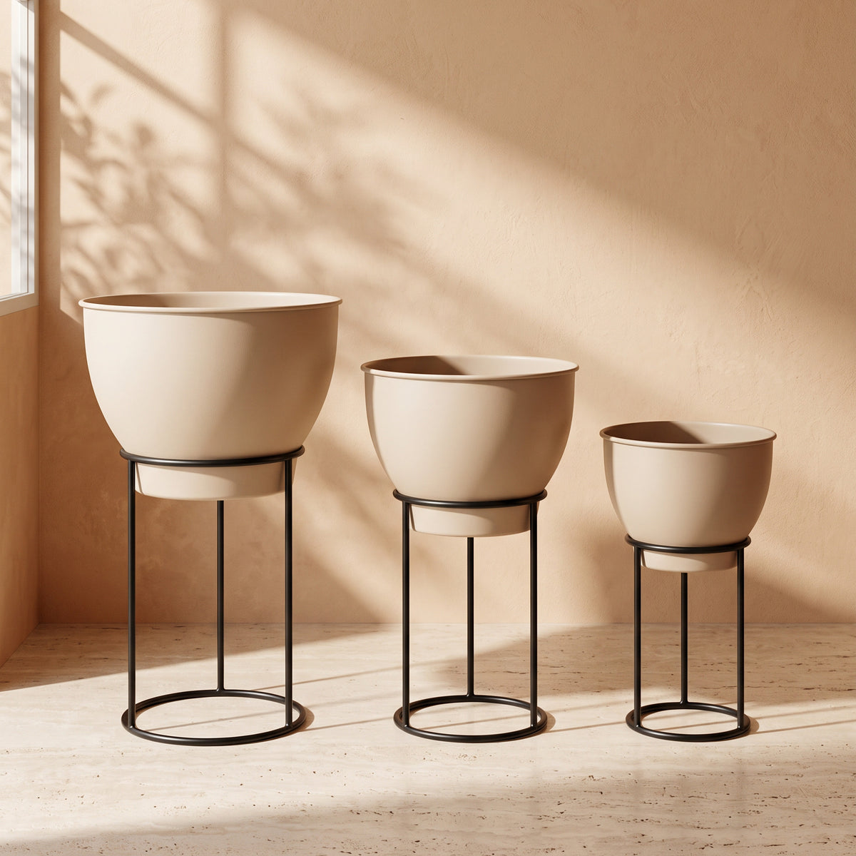 Vista Metal Pot with Stand in Cream, all sizes shown together