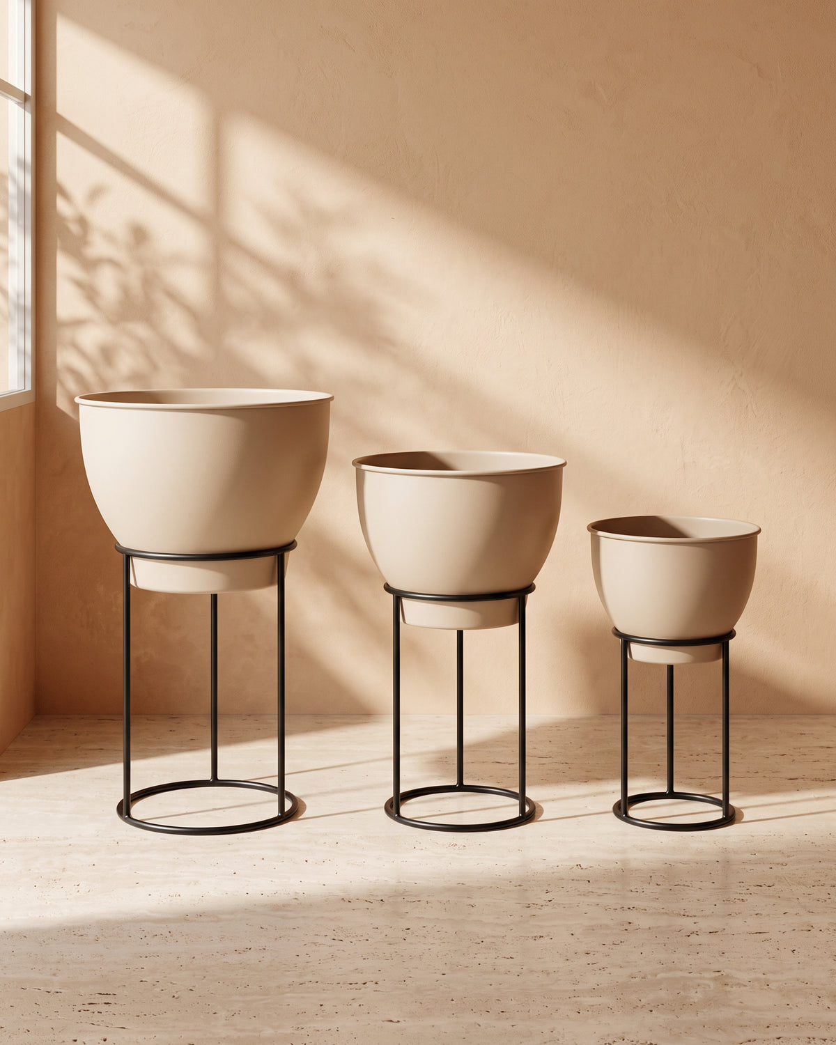 Vista Metal Pot with Stand in Cream, all sizes shown together