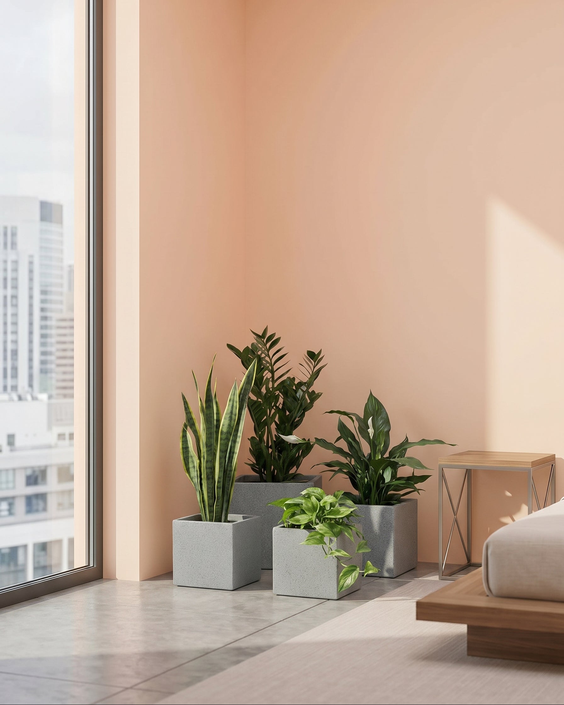 Modern interior with plants in gray pots by a large window with a cityscape view.