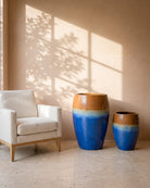Ombre Glazed Jar, all sizes, shown beside a linen armchair for scale