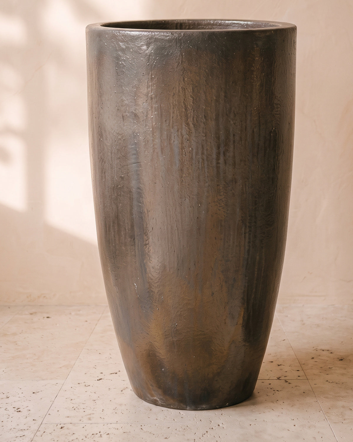 Metallic Charcoal Elongated Pot, largest size, close-up of the full pot