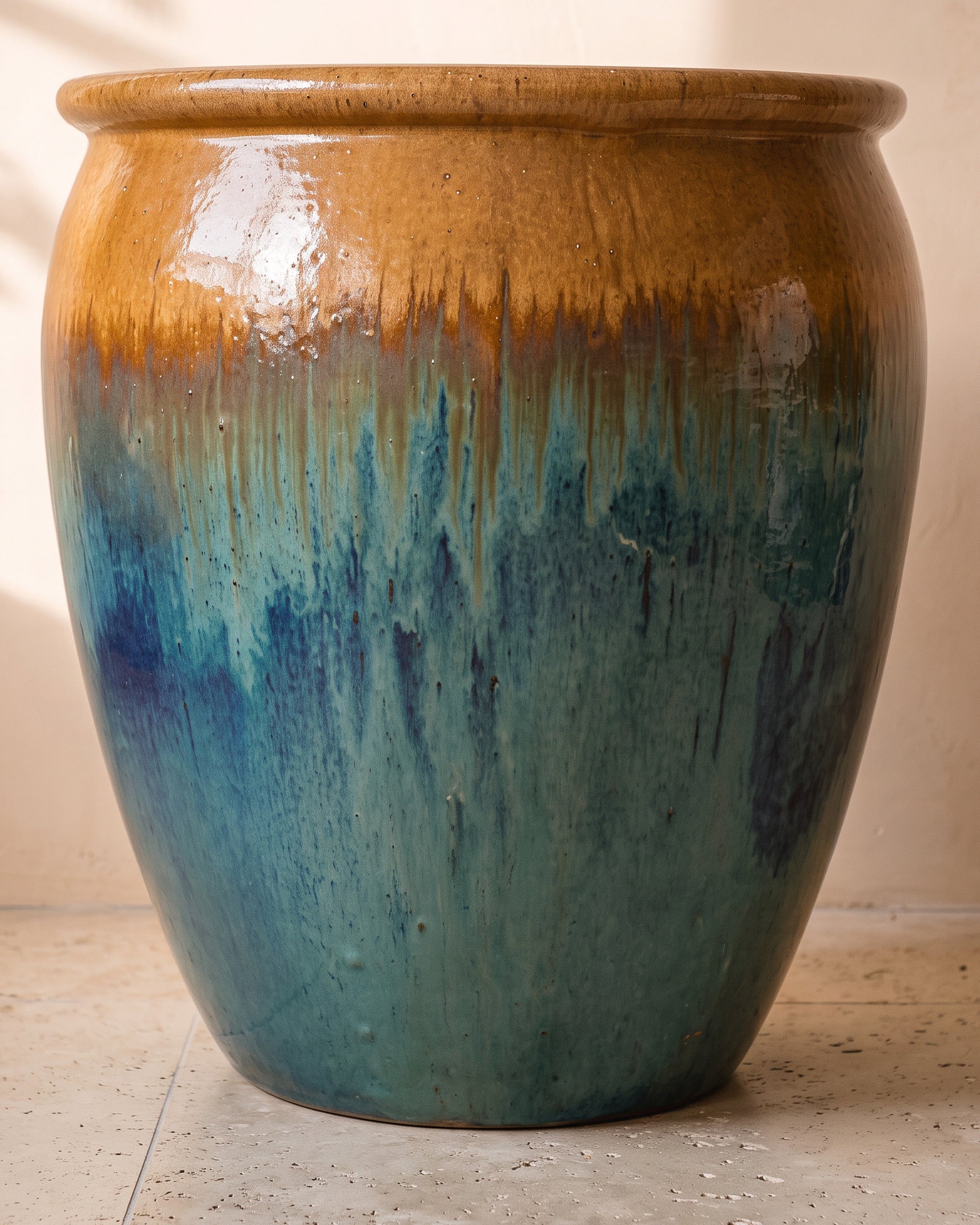 Yellow Blue Ombre Glossy Pot, largest size, close-up of the full pot