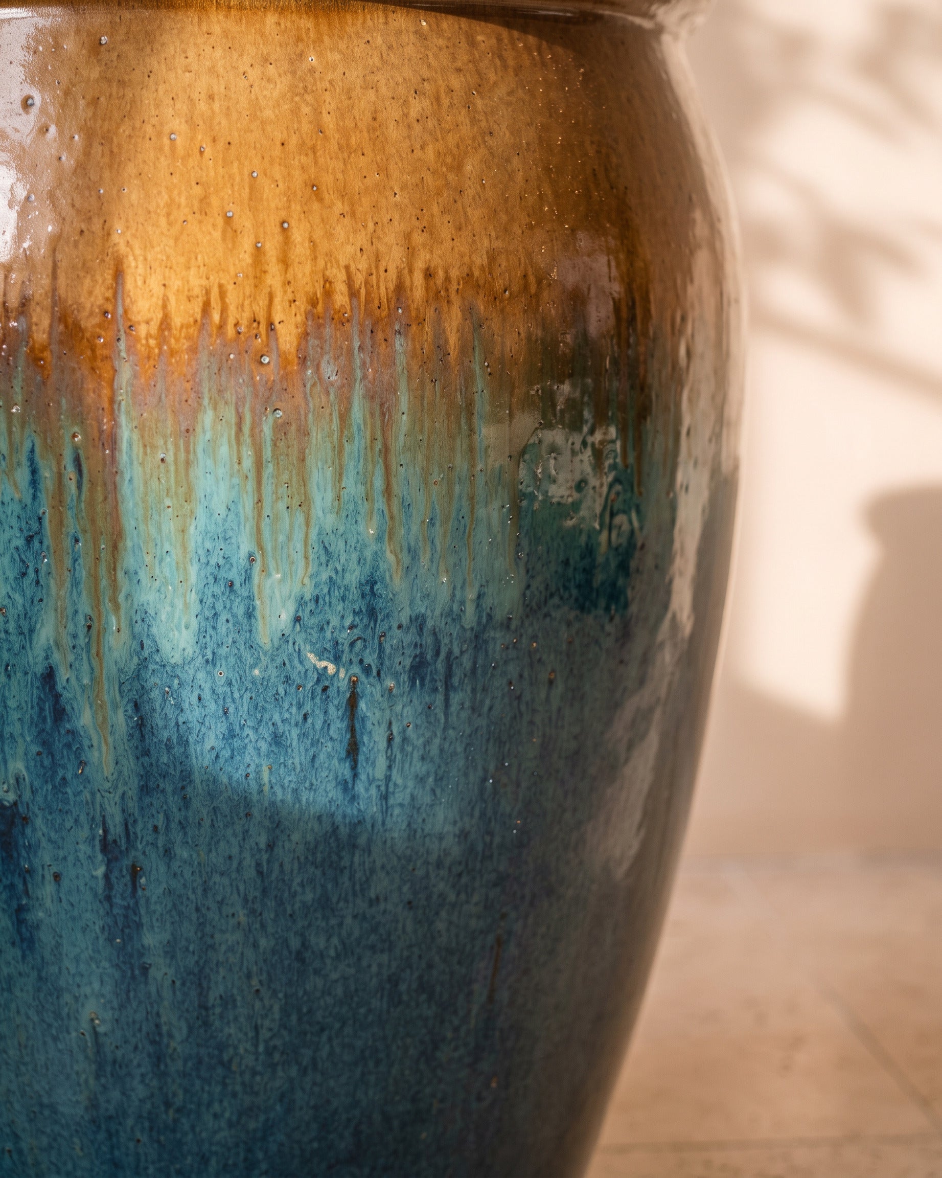 Yellow Blue Ombre Glossy Pot, close-up of the glaze texture