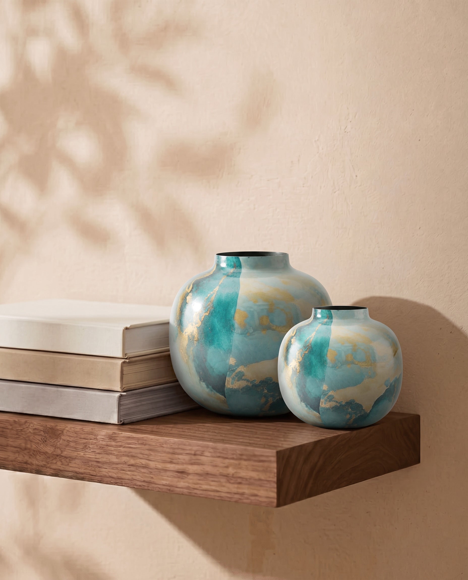 Bella Marble Print Metal Pot in Sky Blue, all sizes shown together