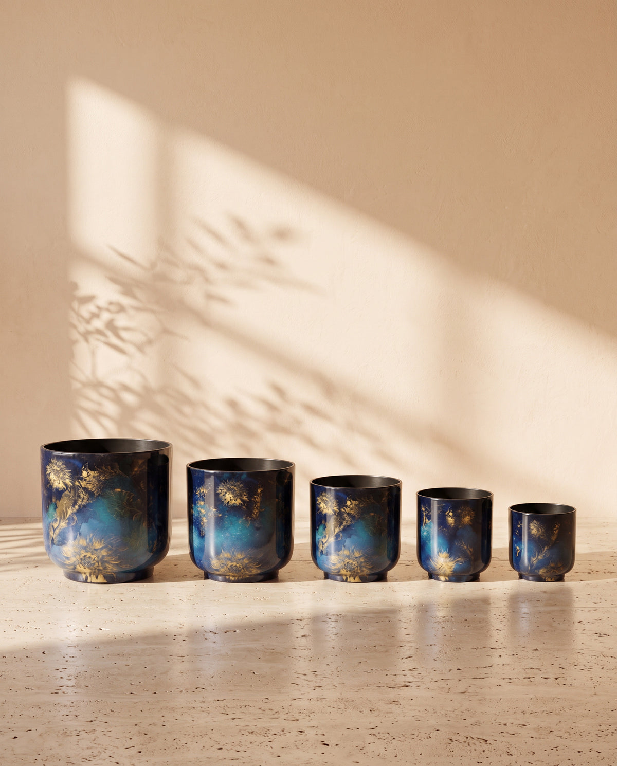 Botanica Printed Metal Pot in Dark Leafy Blue, all sizes shown together