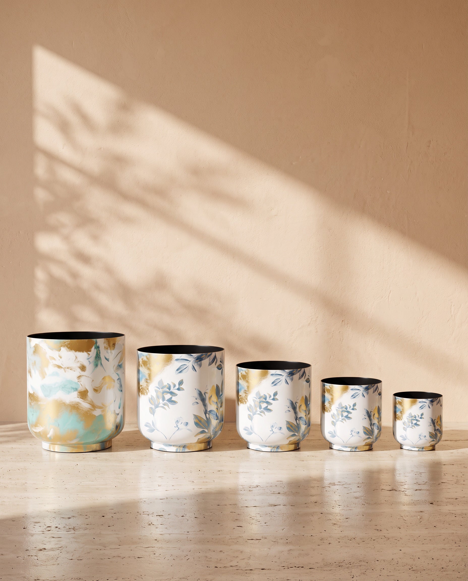 Botanica Printed Metal Pot in Light Blue, all sizes shown together