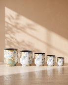 Botanica Printed Metal Pot in Light Blue, all sizes shown together