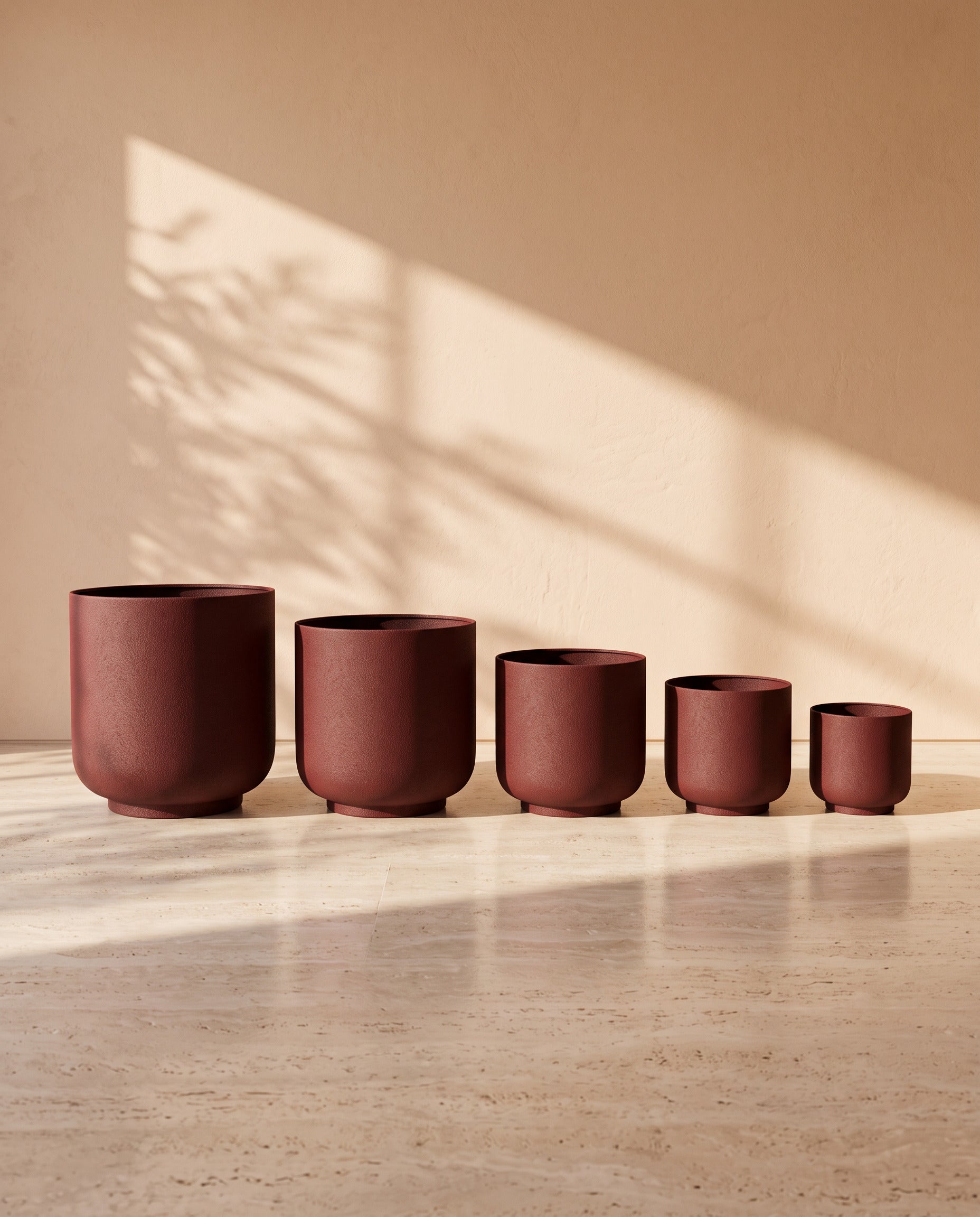 Classic Leather Texture Metal Pot in Maroon, all sizes shown together