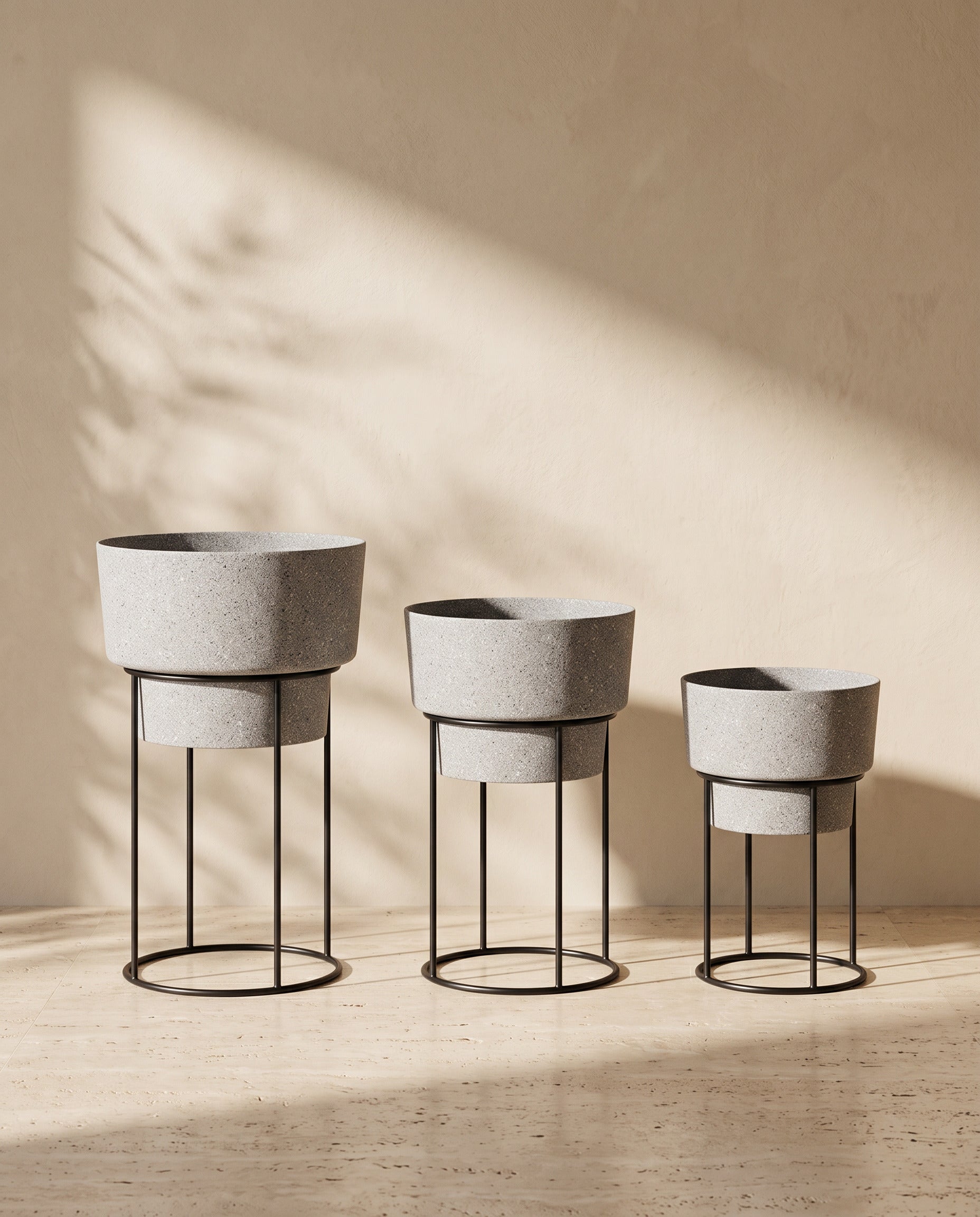 Dual Grey Metal Pot with Stand, all sizes shown together