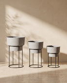 Dual Grey Metal Pot with Stand, all sizes shown together