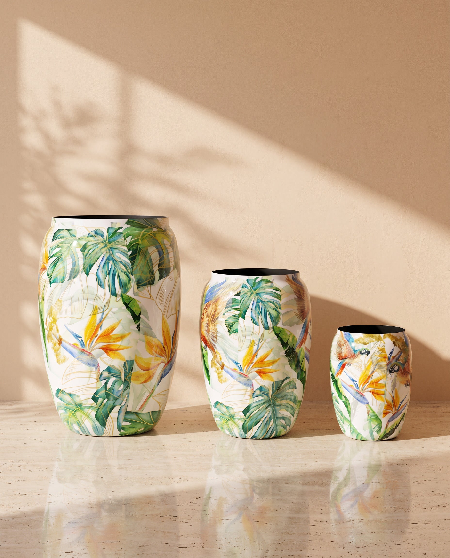 Flora Tropical Printed Metal Pot, all sizes shown together