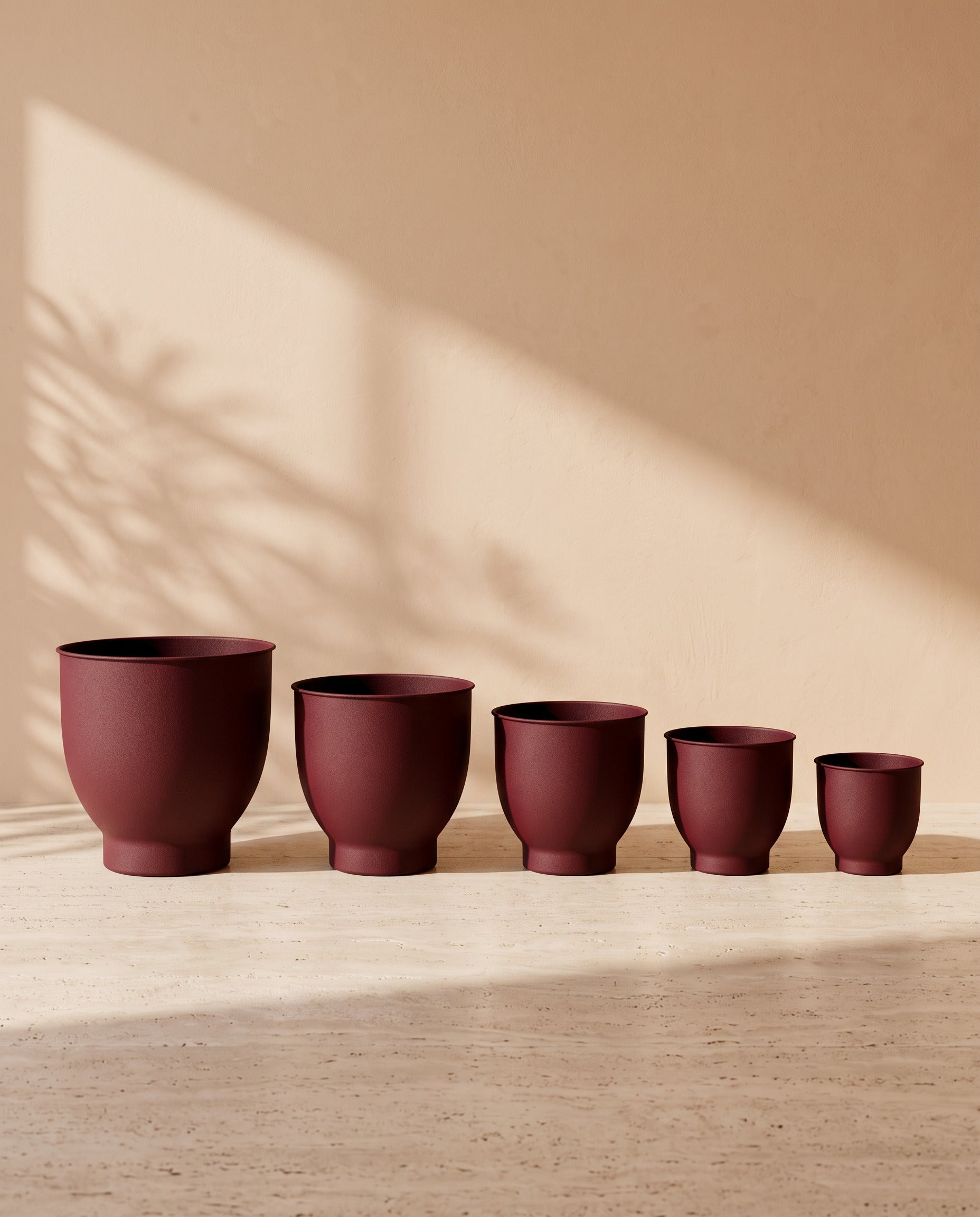 Leather Pedestal Metal Pot in Maroon, all sizes shown together