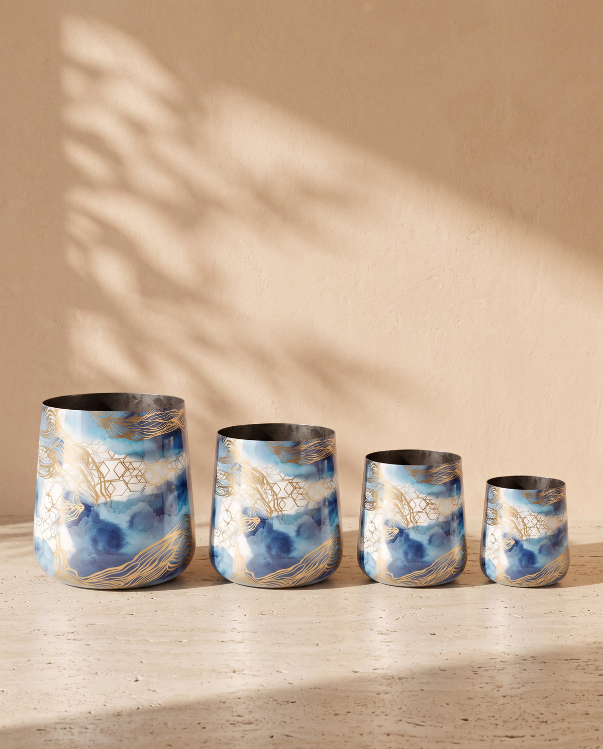 Marble Light Blue Printed Metal Pot, all sizes shown together