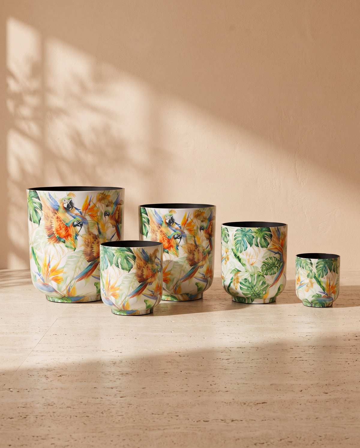 Nova Tropical Printed Metal Pot, all sizes shown together