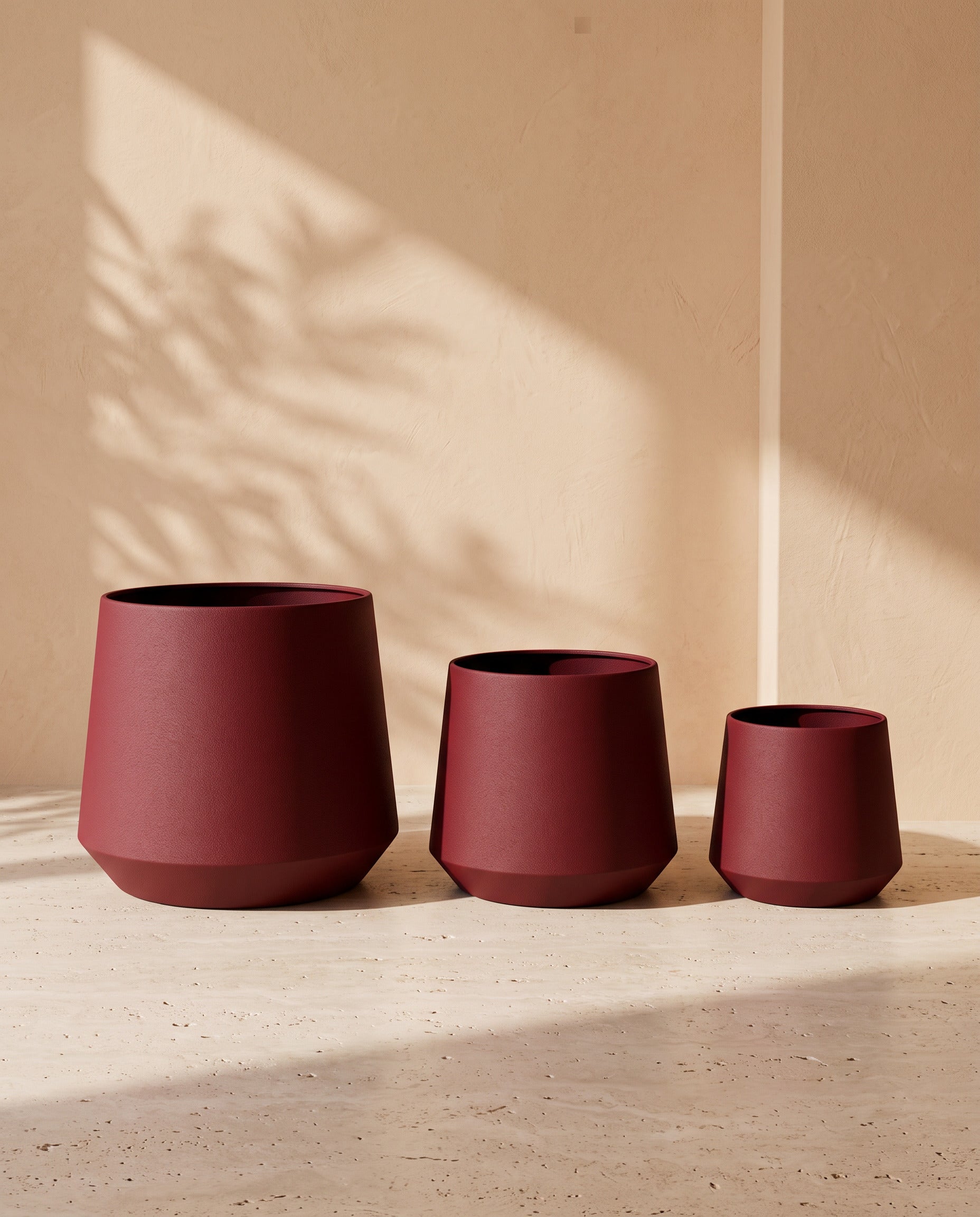Royal Leather Texture Metal Pot in Maroon, all sizes shown together