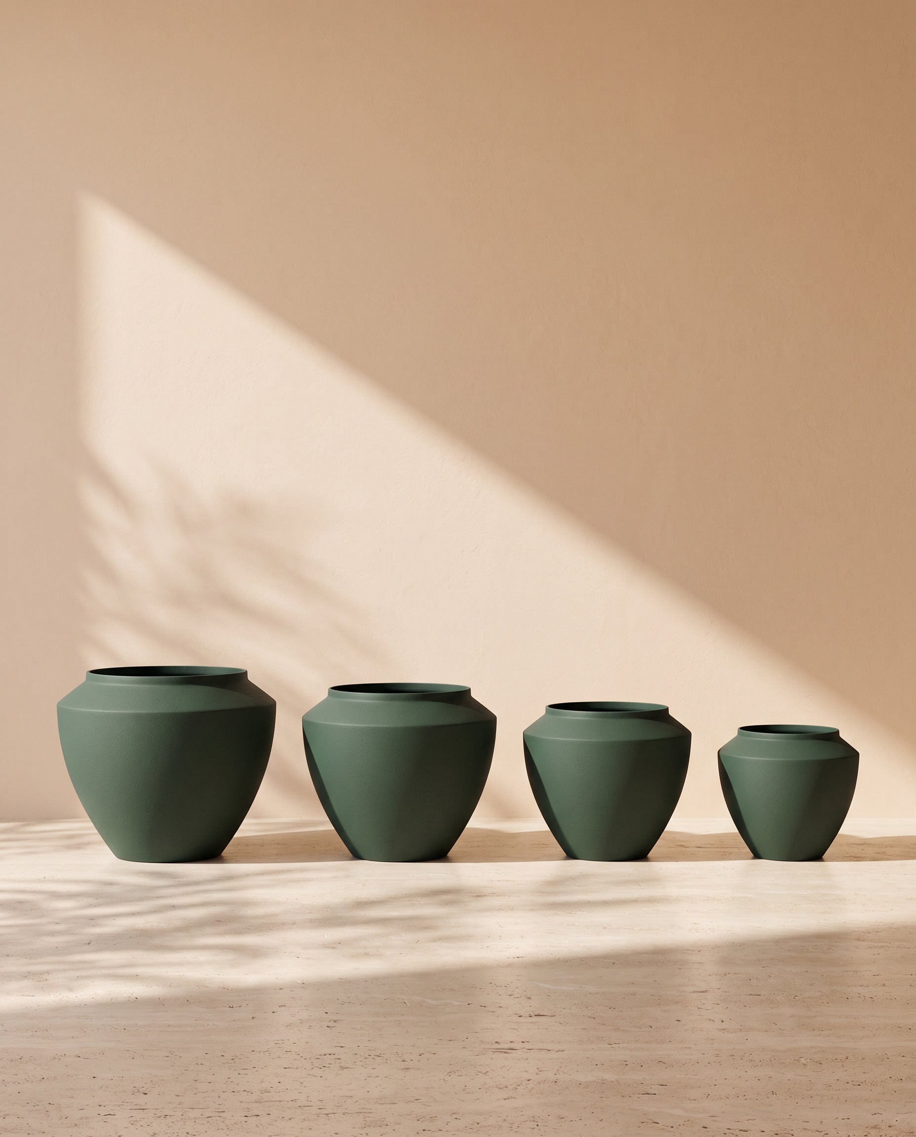 Urban Aura Stone Texture Metal Pot in Dark Green, all sizes shown together