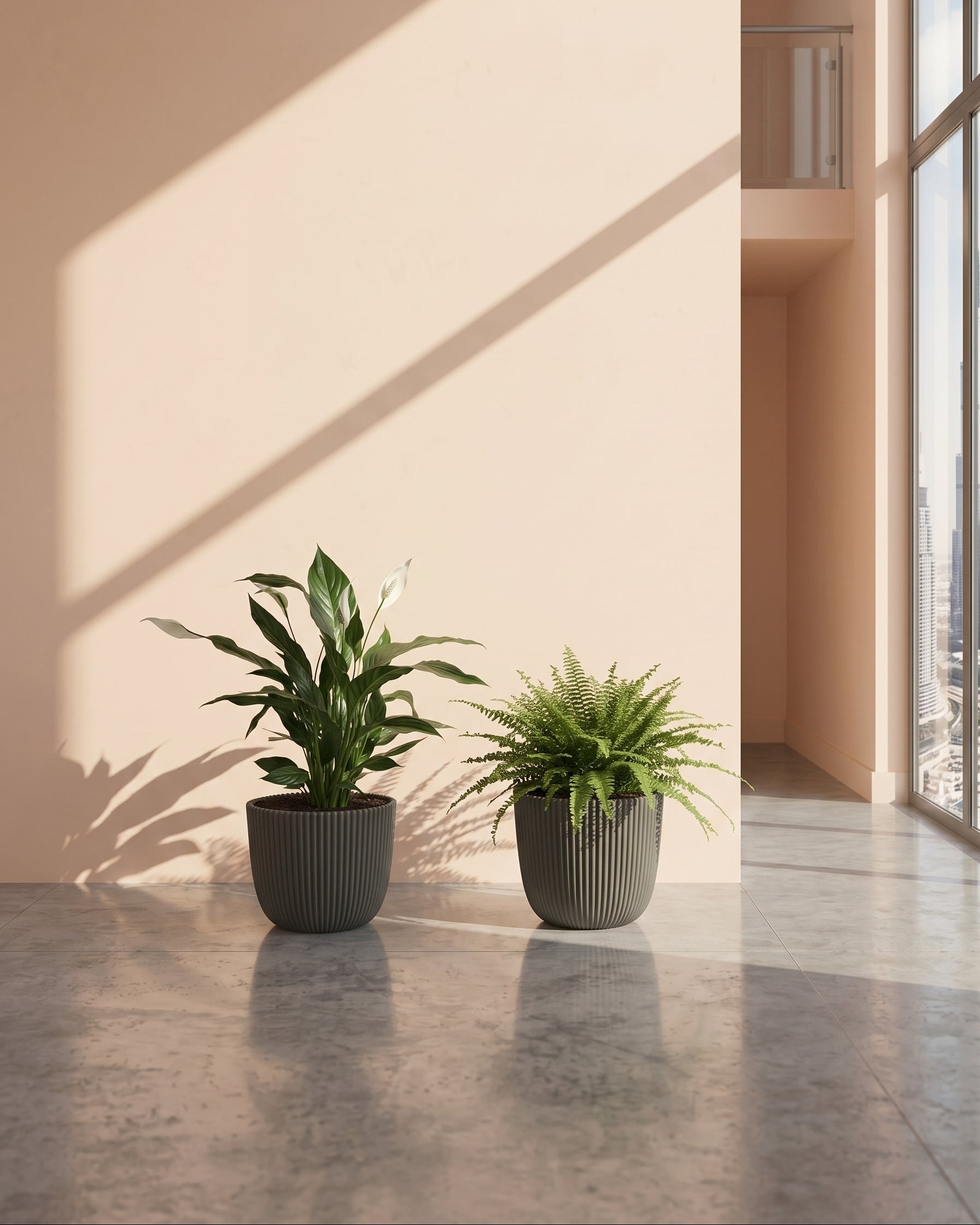 Two potted plants on a reflective floor with a neutral wall background