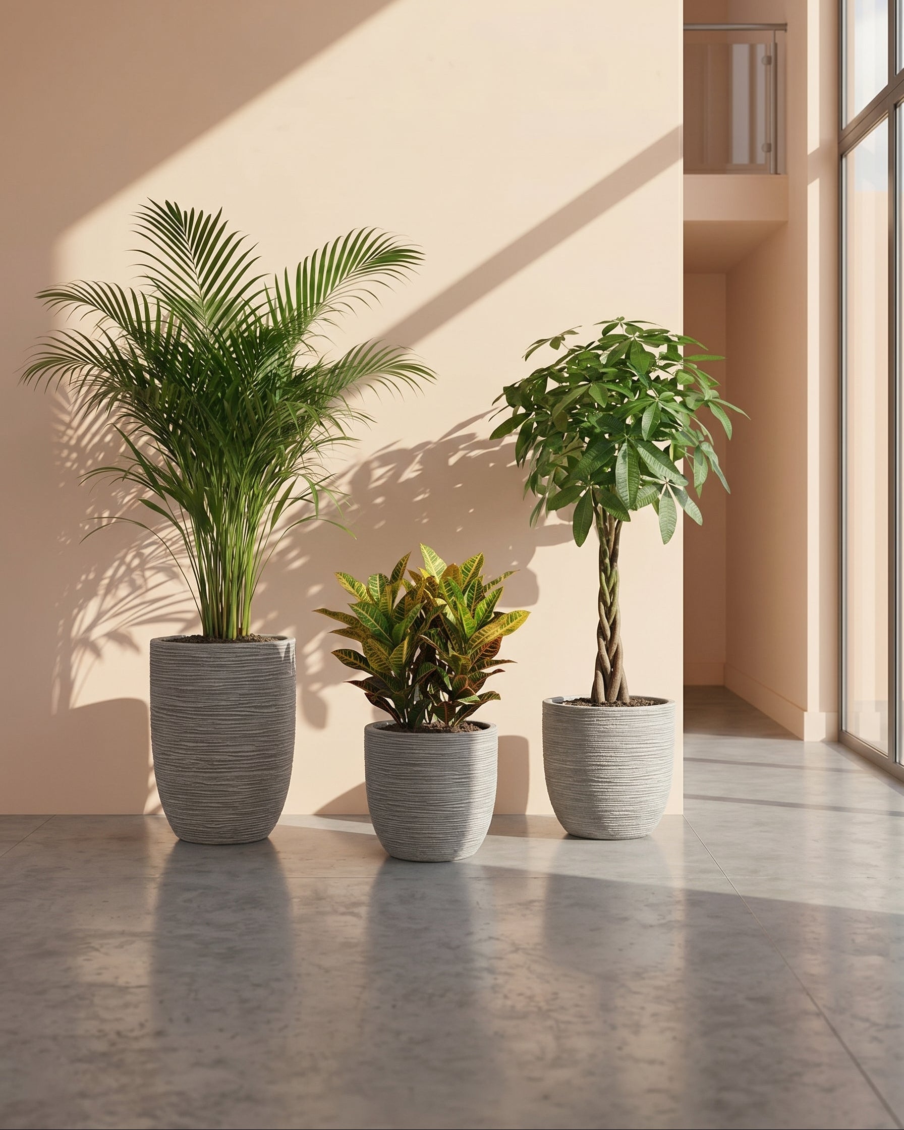 Three potted plants in gray pots on a concrete floor with a beige wall and window in the background.